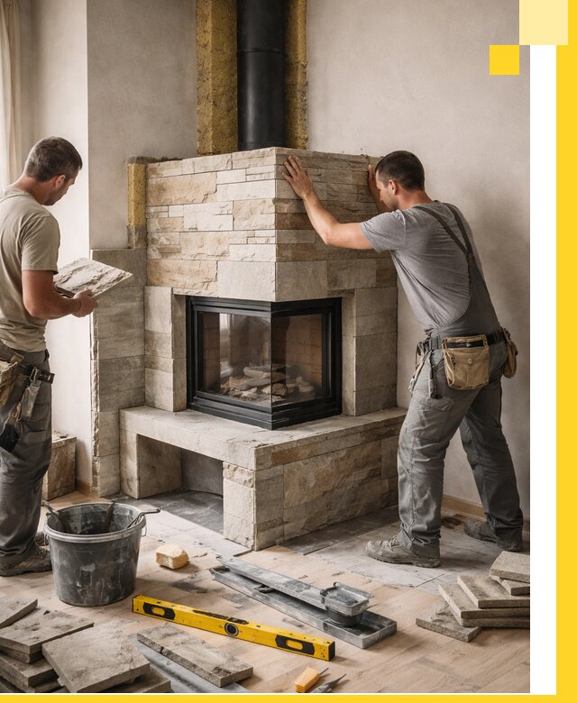 Угловые камины под ключ проект, монтаж и отделка в Шелехове